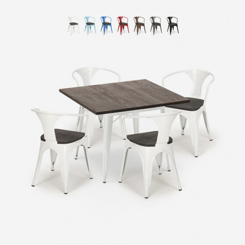 Ahd Amazing Home Design - Ensemble Table 80x80cm 4 Chaises Tolix Industriel Bois Métal Cuisine Hustle Wood White, Couleur: Blanc Ahd Amazing Home Design  - Tables à manger