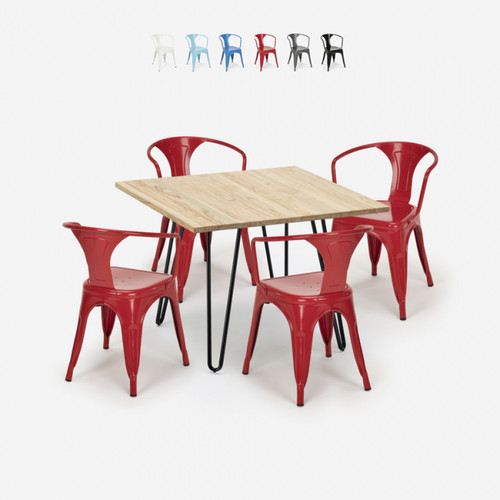 Ahd Amazing Home Design - Ensemble Table 80x80cm Design Industriel 4 Chaises Style Tolix Bar Cuisine Reims Light, Couleur: Rouge Ahd Amazing Home Design  - Table style industriel