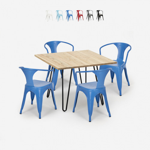 Ahd Amazing Home Design - Ensemble Table 80x80cm Design Industriel 4 Chaises Style Tolix Bar Cuisine Reims Light, Couleur: Bleu Ahd Amazing Home Design  - Table style industriel