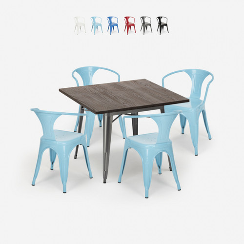 Ahd Amazing Home Design - Table 80x80cm Design Industriel 4 Chaises Style Tolix Cuisine Bar Hustle, Couleur: Turquoise Ahd Amazing Home Design  - Table chaises cuisine