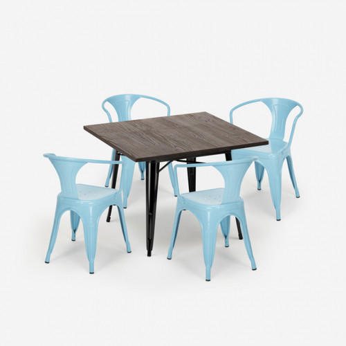 Ahd Amazing Home Design Ensemble Table 80x80cm 4 Chaises Design Industriel Style Tolix Cuisine Bar Hustle Black, Couleur: Turquoise