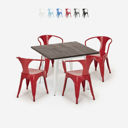 Ahd Amazing Home Design - Ensemble Table 80x80cm Design Industriel 4 Chaises Style Tolix Bar Cuisine Hustle White, Couleur: Rouge Ahd Amazing Home Design  - Salon, salle à manger
