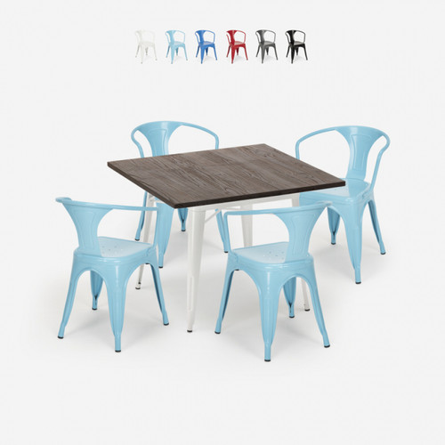 Ahd Amazing Home Design - Ensemble Table 80x80cm Design Industriel 4 Chaises Style Tolix Bar Cuisine Hustle White, Couleur: Turquoise Ahd Amazing Home Design  - Table chaises cuisine