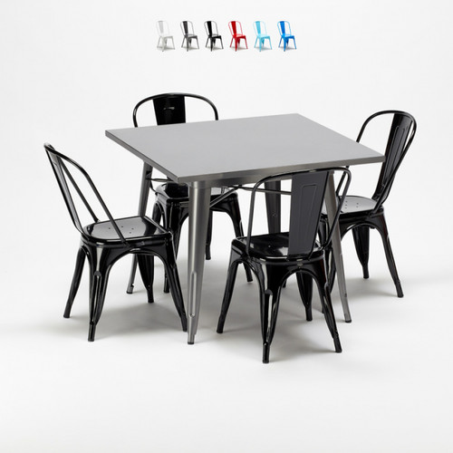 Ahd Amazing Home Design - Ensemble de Table carrée et chaises en métal au style industriel Tolix Flushing, Couleur: Noir Ahd Amazing Home Design - Table salle à manger style industriel Tables à manger