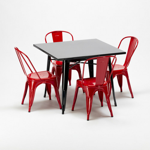 Ahd Amazing Home Design Ensemble table et chaises carrées en métal Tolix style industriel Soho, Couleur: Rouge