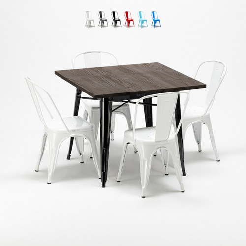 Ahd Amazing Home Design - Set de table carrée en bois et chaises en métal Tolix style industriel West Village, Couleur: Blanc Ahd Amazing Home Design  - Chaise style tolix