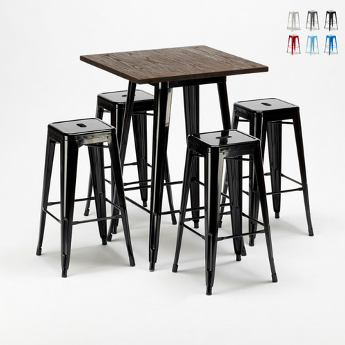 Ahd Amazing Home Design - Ensemble Little Italy table haute et 4 tabourets en métal Tolix style industriel, Couleur: Noir Ahd Amazing Home Design  - Tables à manger