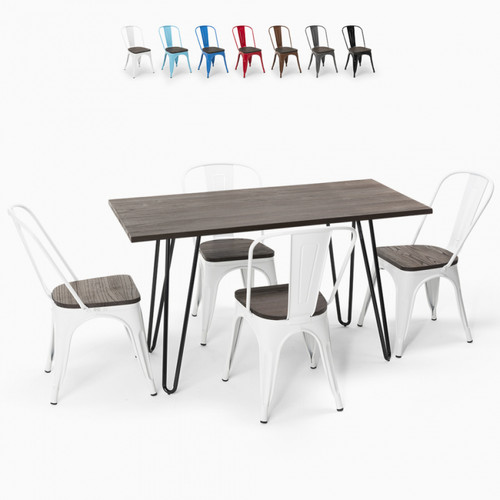 Ahd Amazing Home Design - Set de table rectangulaire 120 x 60 avec 4 chaises en acier de style industriel Tolix et bois Roger, Couleur: Blanc Ahd Amazing Home Design  - Table acier bois industriel