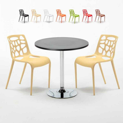 Ahd Amazing Home Design - Table Ronde Noire 70x70cm Avec 2 Chaises Colorées Set Intérieur Bar Café Gelateria Cosmopolitan, Couleur: Beige Ahd Amazing Home Design  - Tables à manger