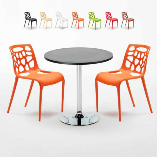 Ahd Amazing Home Design - Table Ronde Noire 70x70cm Avec 2 Chaises Colorées Set Intérieur Bar Café Gelateria Cosmopolitan, Couleur: Orange Ahd Amazing Home Design  - Tables à manger