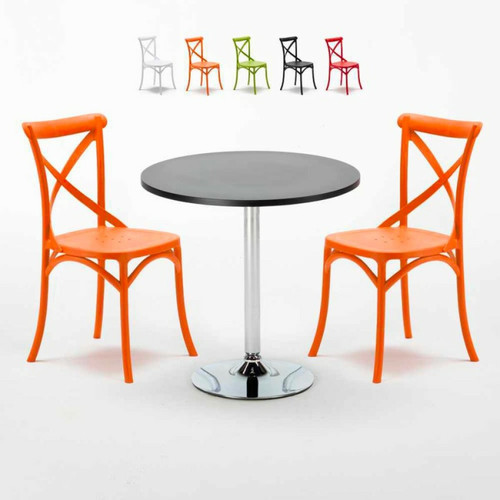 Ahd Amazing Home Design - Table Ronde Noire 70x70cm Avec 2 Chaises Colorées Set Intérieur Bar Café Vintage Cosmopolitan, Couleur: Orange Ahd Amazing Home Design  - Table manger vintage