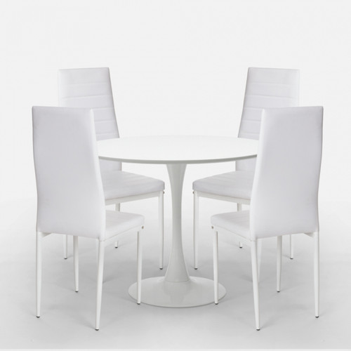 Ahd Amazing Home Design Set de table design tulipe ronde blanche 80cm 4 chaises modernes en simili cuir Vogue, Couleur: Blanc