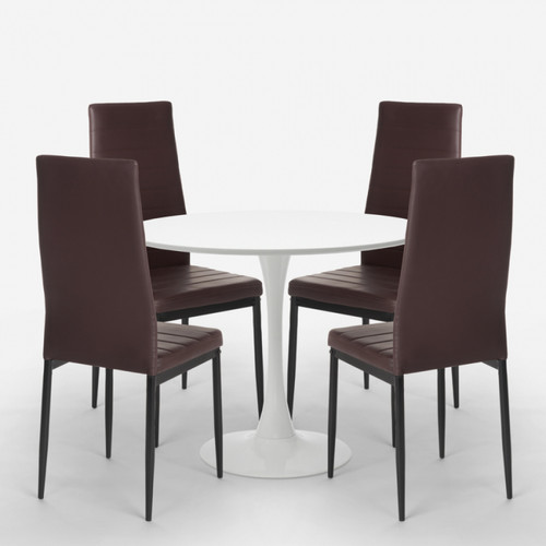 Ahd Amazing Home Design Set de table design tulipe ronde blanche 80cm 4 chaises modernes en simili cuir Vogue, Couleur: Marron