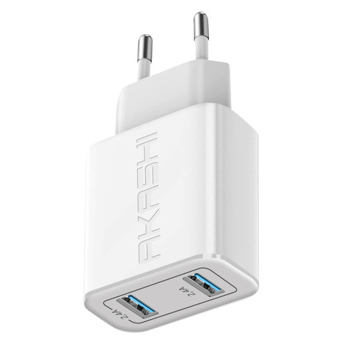 Connectique et chargeur pour tablette Akashi Chargeur Secteur Double USB-A 2.4A Charge Rapide Design Compact Akashi blanc