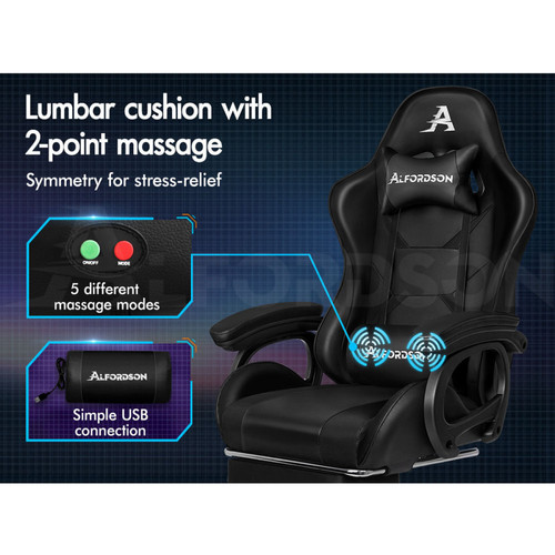Chaise gamer ALFORDSON Chaise Gaming avec Chaise Bureau de Massage Lombaire à 2 Points Noir