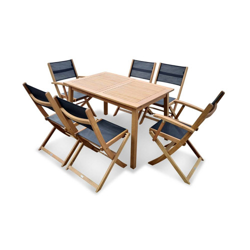 Ensembles tables et chaises Salon de jardin en bois Almeria, table 120-180cm rectangulaire, 2 fauteuils et 4 chaises eucalyptus  et textilène noir | sweeek