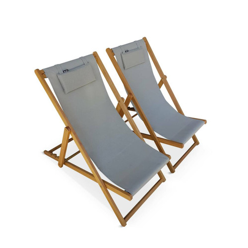 sweeek - ensemble de 2 bains de soleil creus, en eucalyptus  et textilene gris taupe avec coussin repose tête | sweeek sweeek  - Transats, chaises longues