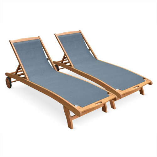 sweeek - Ensemble de 2 bains de soleil en bois Marbella, transats en eucalyptus  huilé et textilène gris anthracite | sweeek sweeek  - Transats, chaises longues