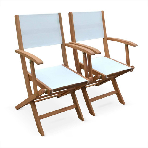 sweeek - Lot de 2 fauteuils de jardin en bois Almeria, 2 fauteuils pliants Eucalyptus  huilé et textilène blanc | sweeek sweeek - Salon de jardin en bois Mobilier de jardin