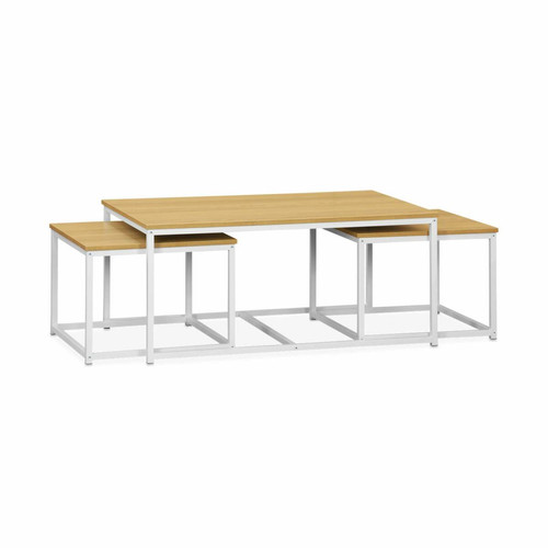 sweeek - Lot de 3 tables gigognes métal blanc mat, décor bois  | sweeek sweeek  - Salon, salle à manger