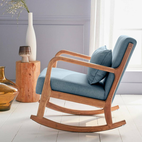 sweeek Rocking chair design tissu bleu et bois - Lorens Rocking | sweeek