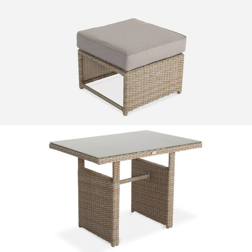 Ensembles tables et chaises Salon de jardin 6 places - Reggiano - Naturel / beige, table de jardin canapé, méridienne, 2 poufs encastrables | sweeek