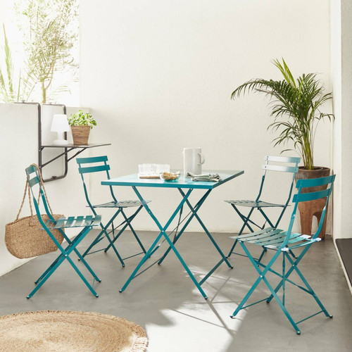Ensembles tables et chaises sweeek Salon de jardin bistrot pliable Emilia rectangulaire bleu canard, avec quatre chaises pliantes, acier thermolaqué | sweeek