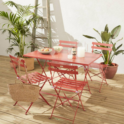 Ensembles tables et chaises sweeek Salon de jardin bistrot pliable Emilia rectangulaire Terra Cotta avec quatre chaises pliantes, acier thermolaqué | sweeek