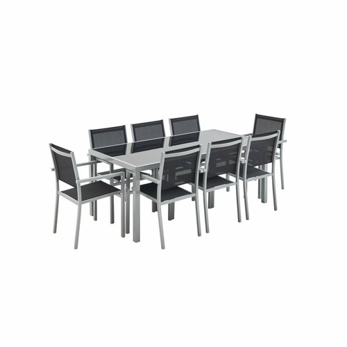 Ensembles canapés et fauteuils sweeek Salon de jardin Capua en aluminium table 180cm, 8 fauteuils en textylène noir et alu gris | sweeek