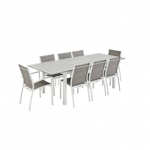 Ensembles tables et chaises sweeek Salon de jardin Chicago 8 places table à rallonge extensible 175/245cm alu blanc textilène taupe | sweeek