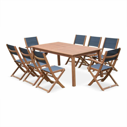 Ensembles tables et chaises Salon de jardin en bois Almeria, grande table 180-240cm rectangulaire 2 fauteuils 6 chaises eucalyptus et textilène anthracite | sweeek