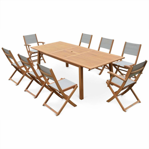 sweeek - Salon de jardin en bois Almeria, grande table 180-240cm rectangulaire 2 fauteuils, 6 chaises eucalyptus  et textilène taupe | sweeek sweeek  - Salon jardin table extensible