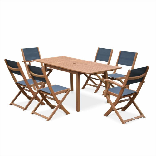 Ensembles tables et chaises sweeek Salon de jardin en bois Almeria, table 120-180cm rectangulaire, 2 fauteuils et 4 chaises eucalyptus  et textilène anthracite | sweeek