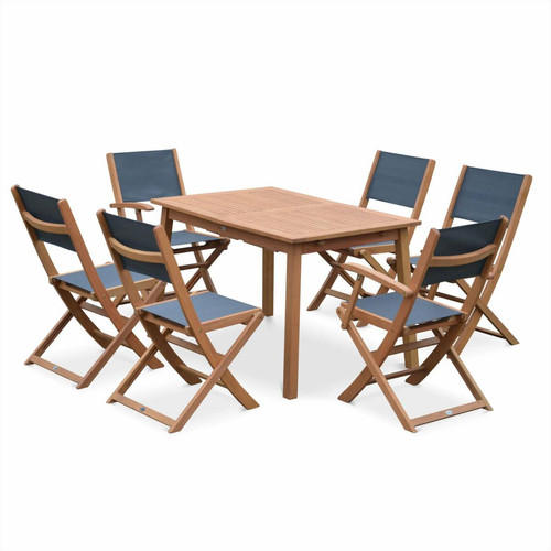 Ensembles tables et chaises Salon de jardin en bois Almeria, table 120-180cm rectangulaire, 2 fauteuils et 4 chaises eucalyptus  et textilène anthracite | sweeek