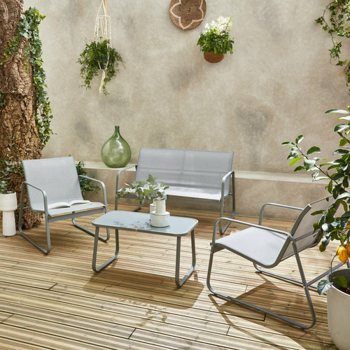 sweeek Salon de jardin en métal  et textilène pour 4 personnes, gris clair, design   | sweeek