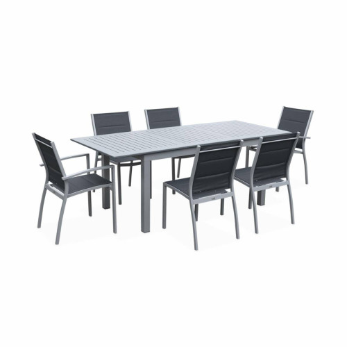 Ensembles tables et chaises sweeek Salon de jardin table extensible - Chicago 210 Gris - Table en aluminium 150/210cm avec rallonge et 6 assises en textilène | sweeek