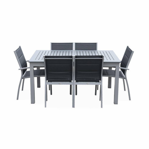 Ensembles tables et chaises Salon de jardin table extensible - Chicago 210 Gris - Table en aluminium 150/210cm avec rallonge et 6 assises en textilène | sweeek