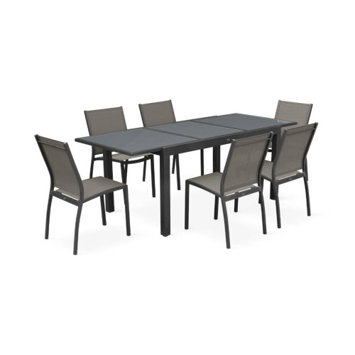 sweeek - Salon de jardin table extensible - Orlando Gris taupe - Table en aluminium 150/210cm et 6 chaises en textilène | sweeek sweeek  - Ensembles canapés et fauteuils