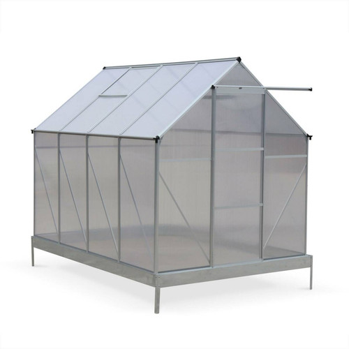 Serres en plastique sweeek Serre de jardin CHENE en polycarbonate 5m² avec base, 2 lucarnes de toit, gouttière,  Polycarbonate 4mm | sweeek