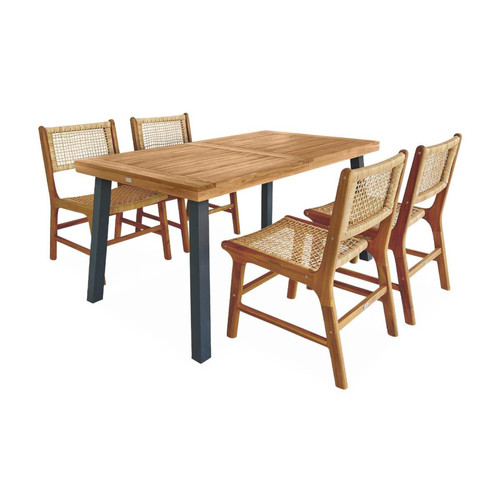 sweeek - Table 150cm + 4 chaises cannage et bois  | sweeek sweeek  - Salon de Jardin 4 places Mobilier de jardin