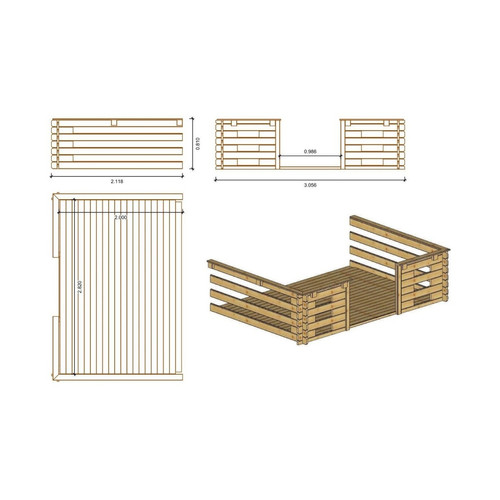 ALTANKA Abri de jardin en bois | 3x3 m | 15 m2 + terrasse avec balustrade et avant|toit en bois
