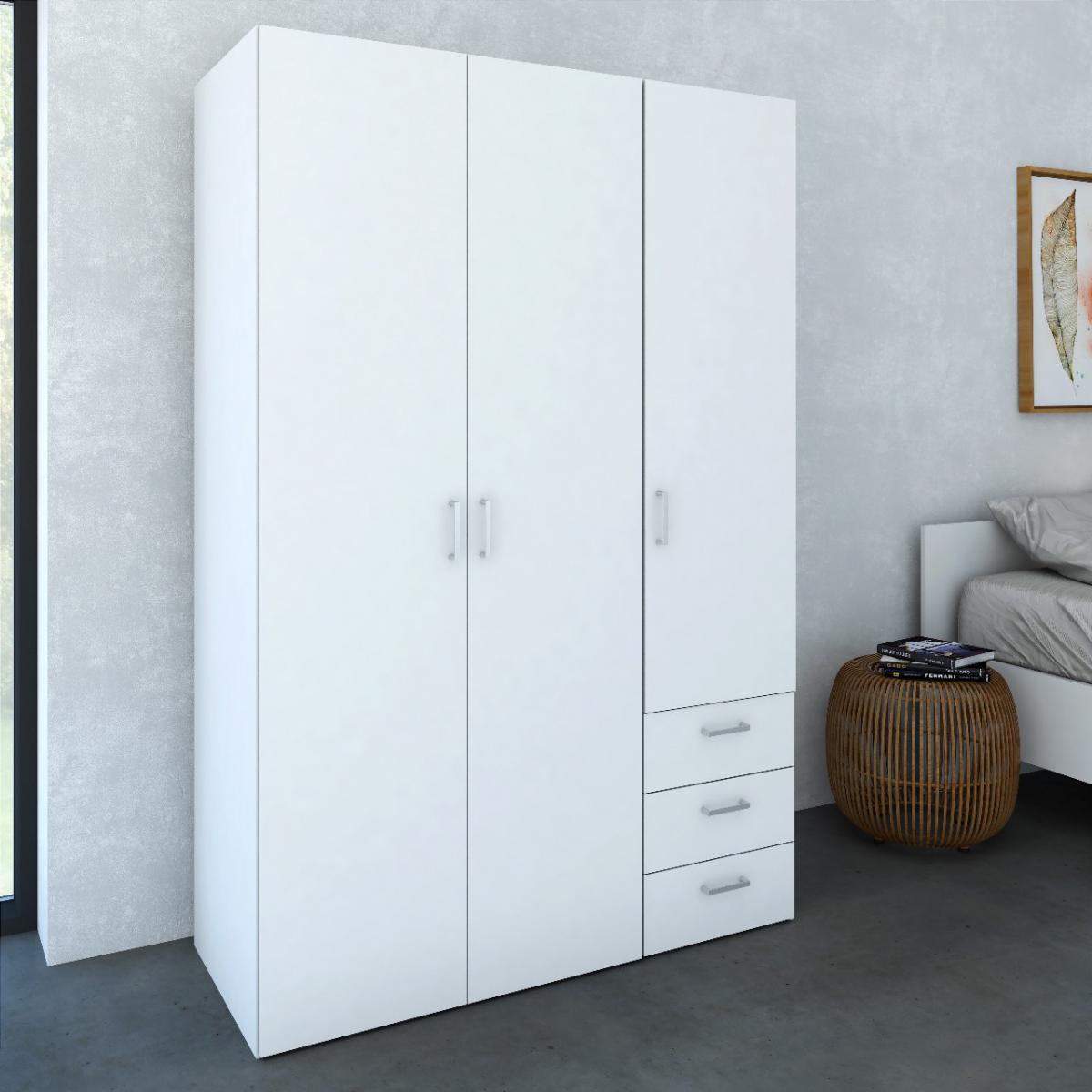 Armoire Alter Armoire avec trois portes battantes et trois tiroirs, couleur blanche, Dimensions 115 x 175 x 49 cm