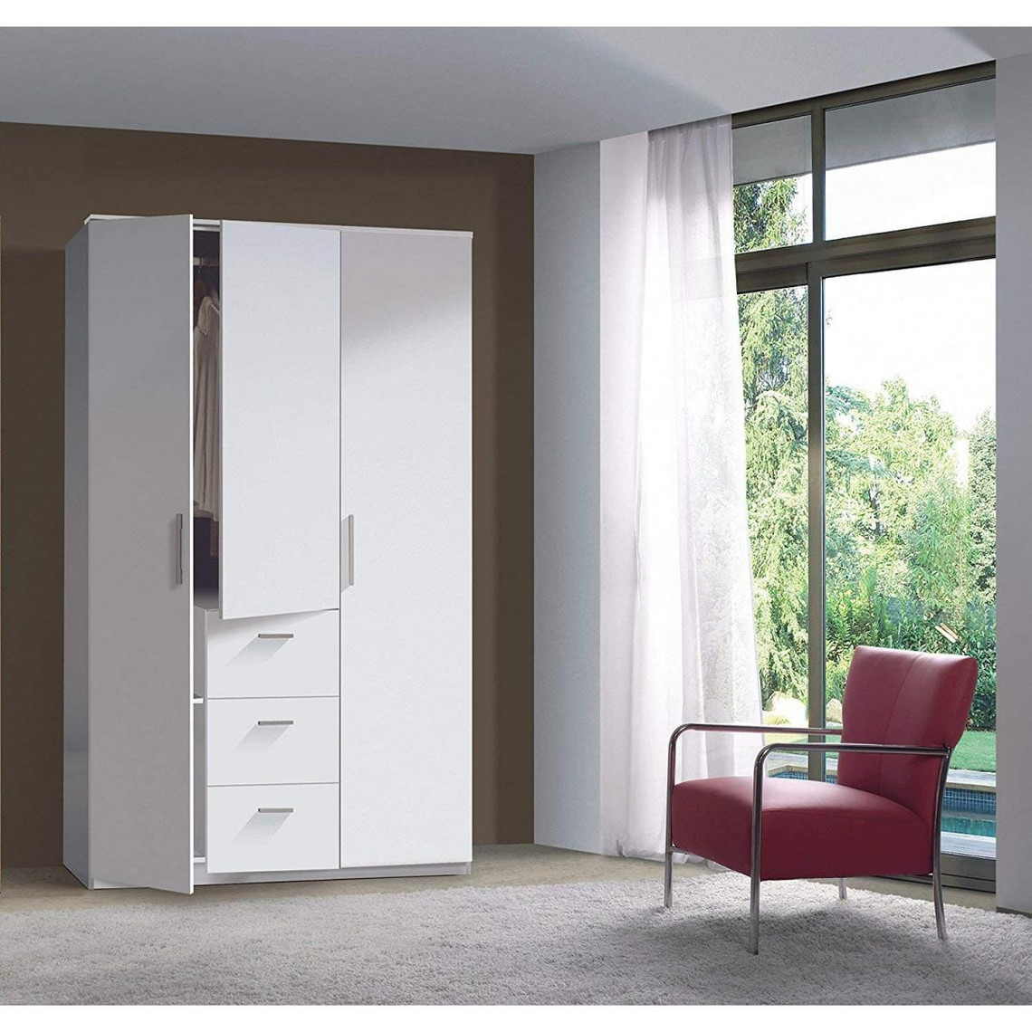 Alter Armoire avec trois portes battantes et trois tiroirs dans la partie centrale, couleur blanc brillant, Dimensions 117 x 2