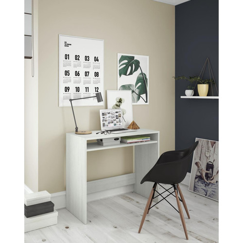 Bureau et table enfant Bureau avec étagère fixe sous la table, couleur blanche avec effet bois poli, Dimensions 79 x 87 x 43 cm