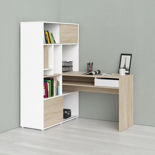 Alter - Bureau d'angle avec bibliothèque, coloris blanc et chêne, 100 x 153 x 135 cm - Mobilier de bureau