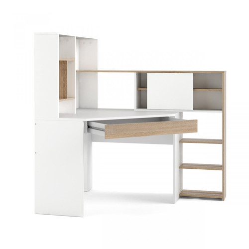 Bureau et table enfant Bureau d'angle avec bibliothèque, coloris blanc et chêne, 138 x 141 x 101 cm