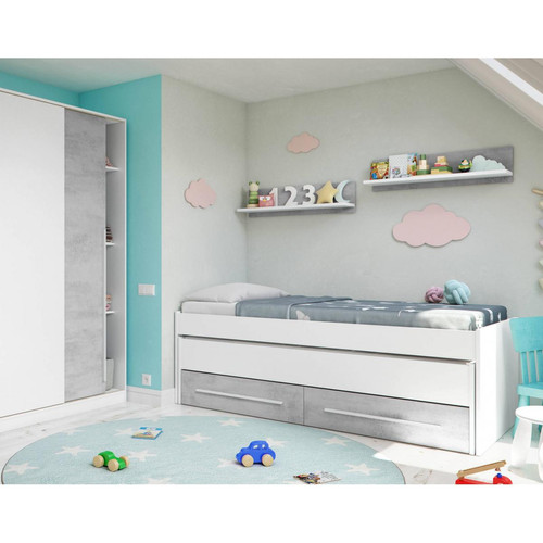 Alter - Lit conteneur simple avec deuxième lit gigogne, cadre de lit avec 2 tiroirs et 2 étagères murales, cm 199x96h65, couleur blanc et ciment Alter  - Lit enfant Blanc+bleu