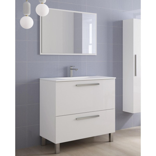 Alter - Meuble sous-vasque avec deux tiroirs et un miroir encadré, blanc brillant, 80 x 80 x 45 cm. - meuble bas salle de bain Blanc