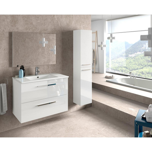 meuble bas salle de bain Meuble sous-vasque suspendu avec deux tiroirs et un miroir, coloris blanc brillant, 80 x 57 x 45 cm.