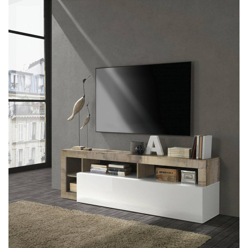 Alter - Meuble TV de salon, Made in Italy, Buffet pour TV de salon avec 1 porte et compartiments ouverts, cm 184x42h58, couleur blanc brillant et poire Alter  - Meubles tv design italien